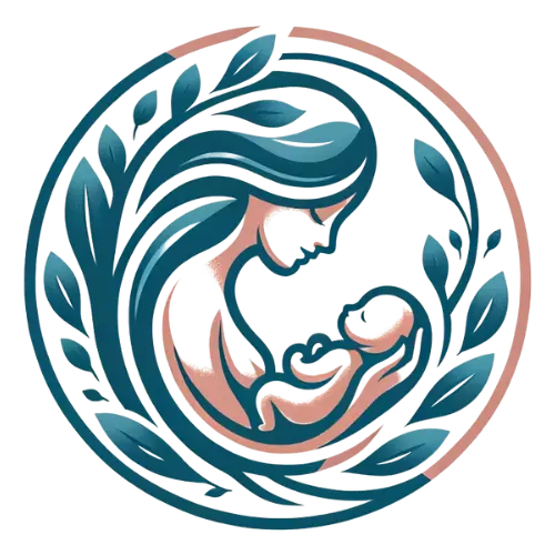 Logotipo de Madre Primeriza. Silueta de madre sosteniendo en brazos a su bebé en colores verde azulado y rosa.